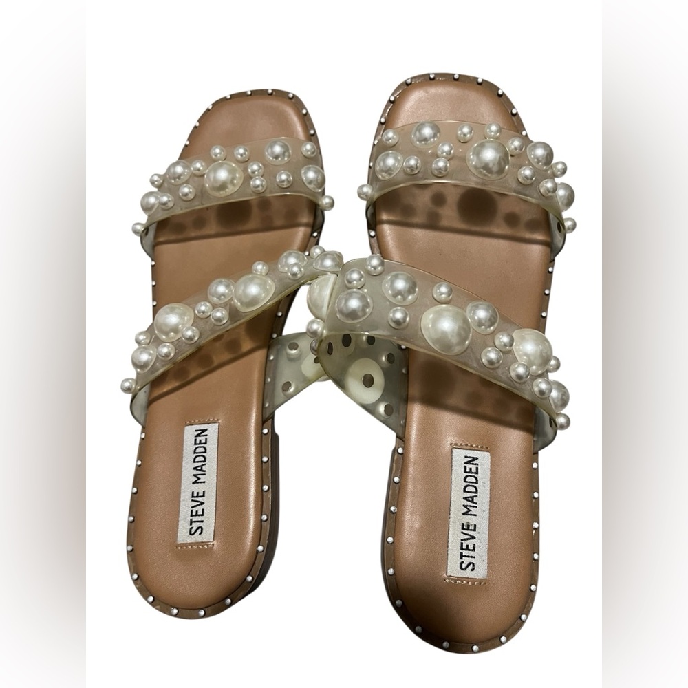 Size 9 Steve Madden Pearl-Embellished Clear Strap Slide Sandals - Nude/Tan - Picture 2 of 8